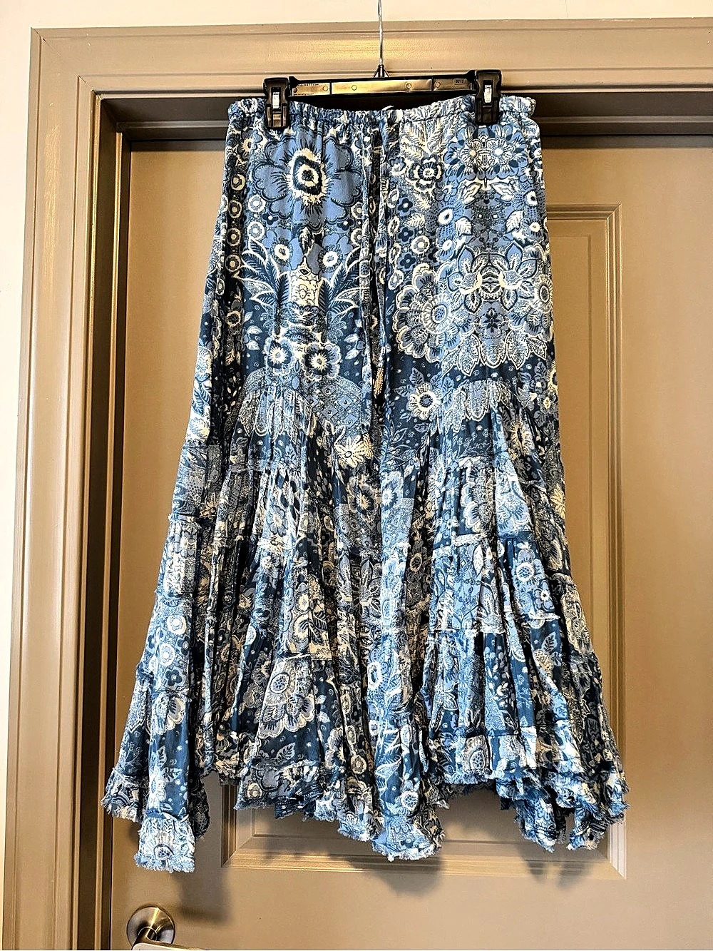 Free People Floral Tiered Maxi Skirt Blue & White Medium
